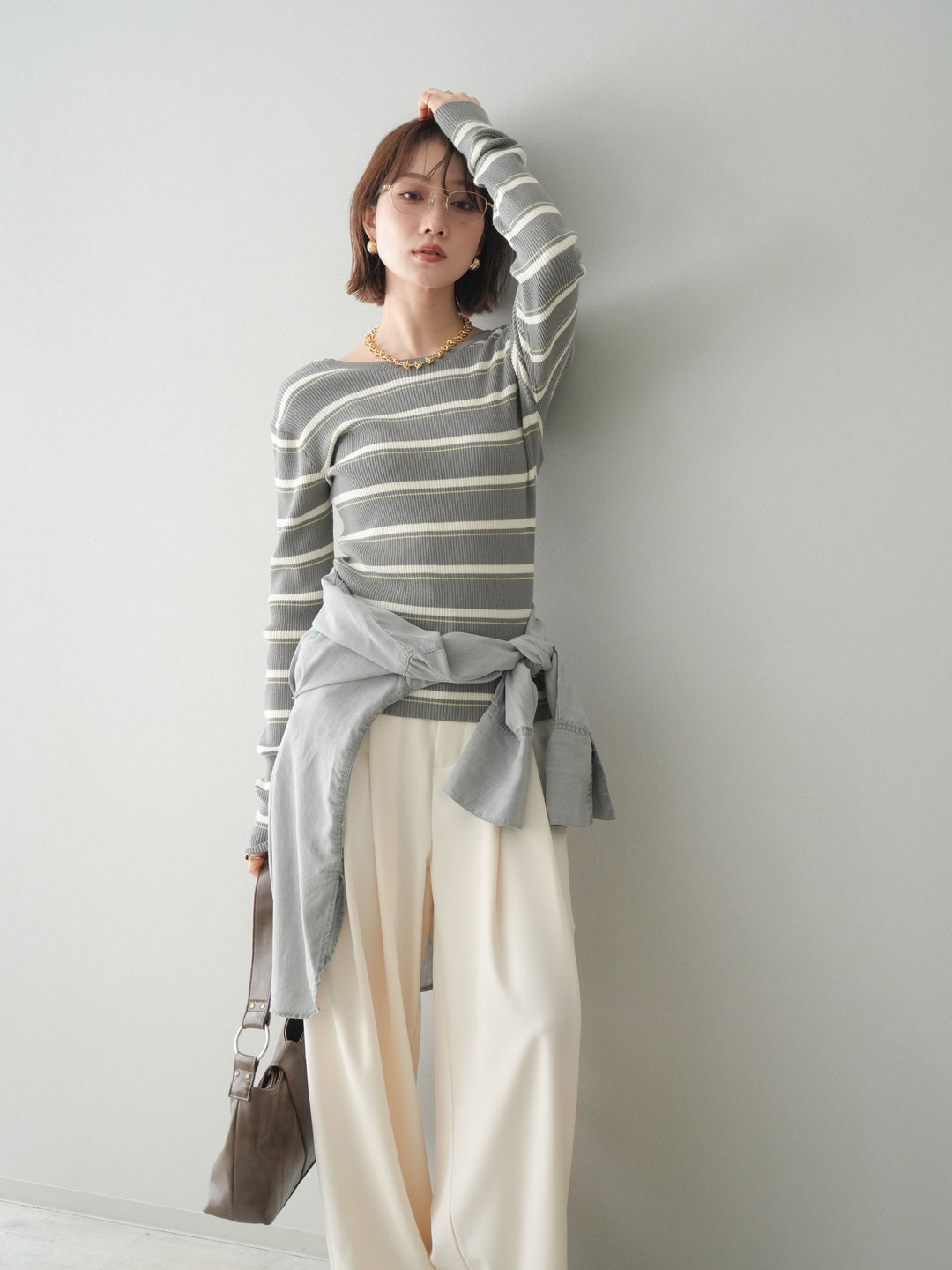 [予約]バックオープンテレコリブマルチボーダートップス/gray