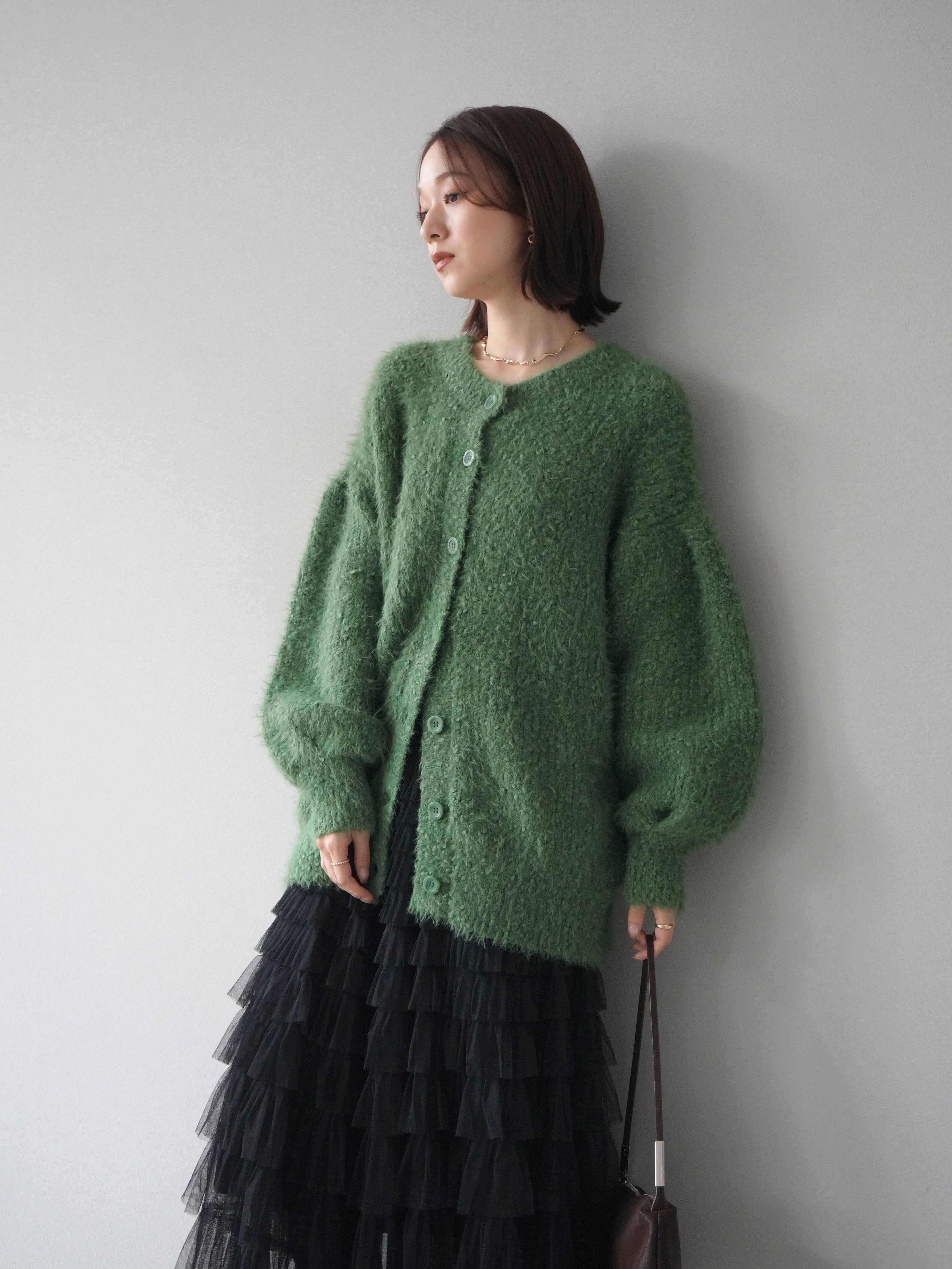 予約]クルーネックランダムシャギーカーディガン/グリーン – Lumier