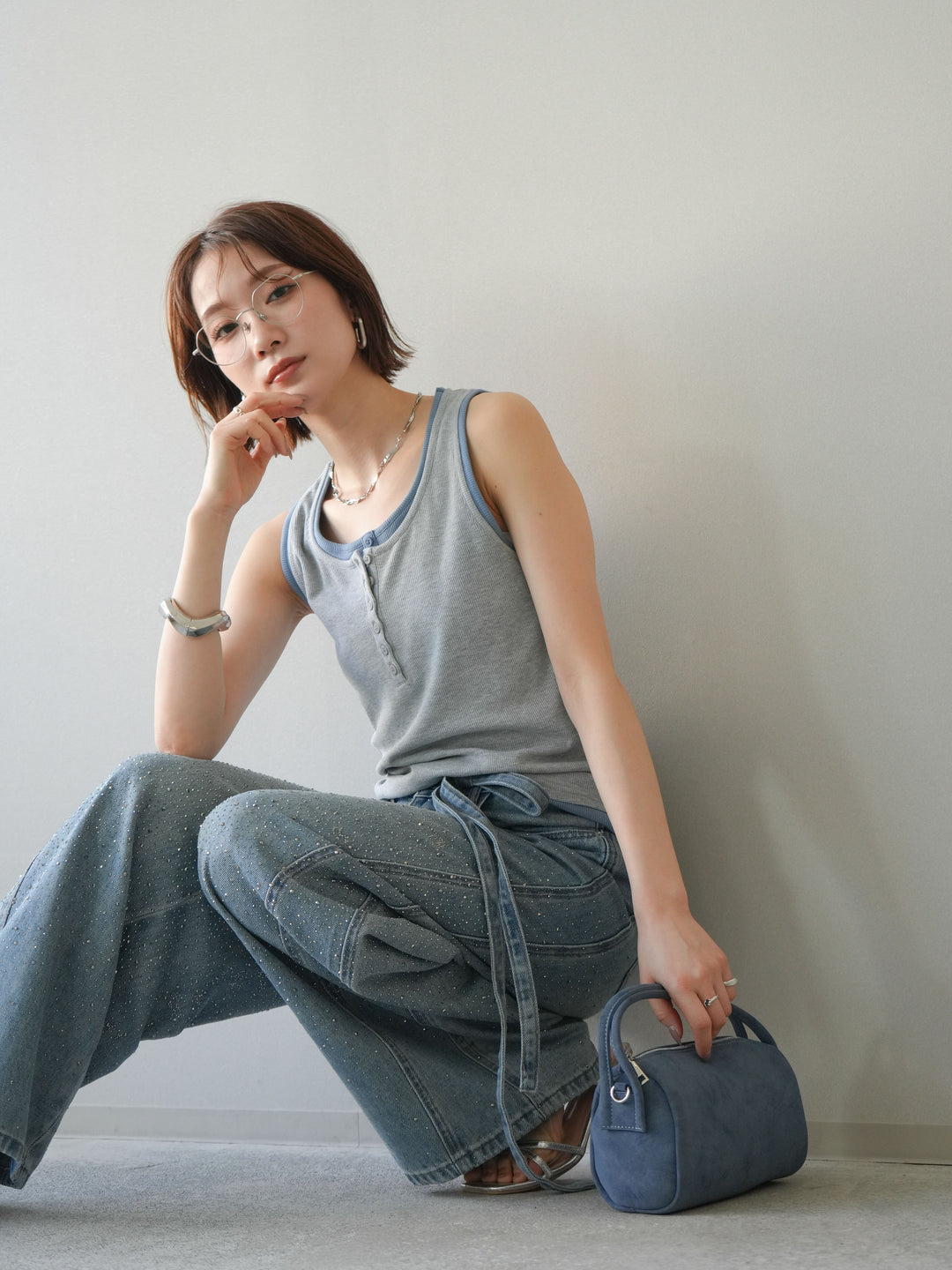 [SET]配色リブヘンリータンクトップ+ウエストベルトビジューワイドデニムパンツ(2set)