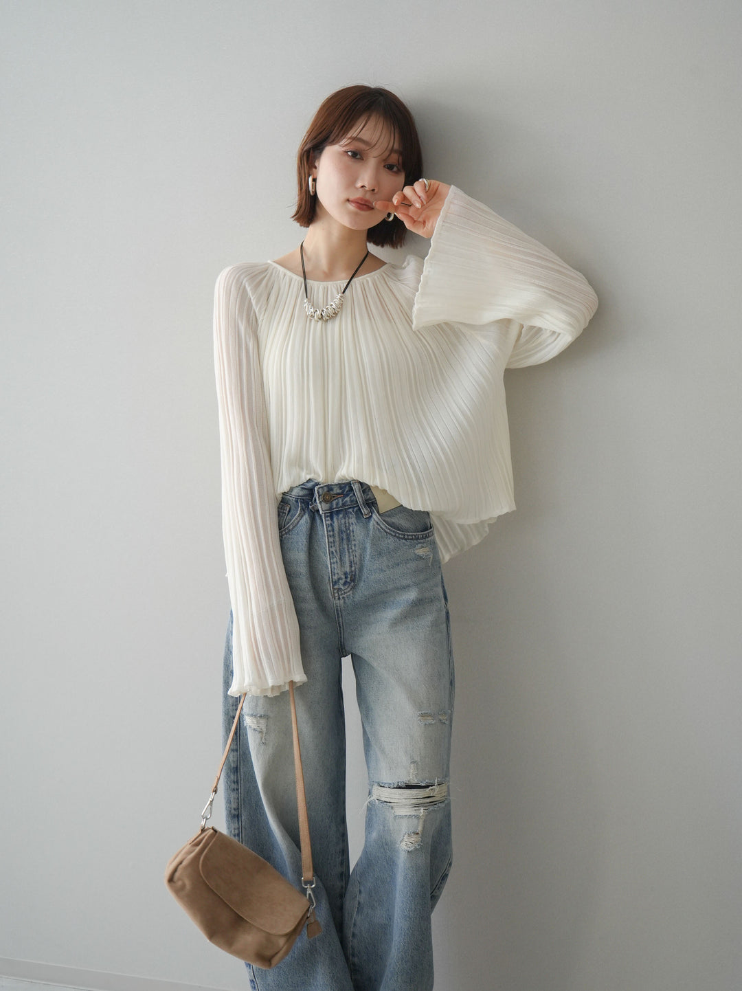 [SET]プリーツシアーフレアスリーブニットトップス+ダメージデニムセミワイドパンツ(2set)