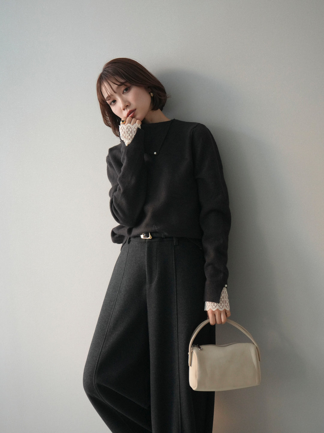 [SET]袖レースパール付き配色ニットトップス+ウールタッチカーブパンツ(2set)