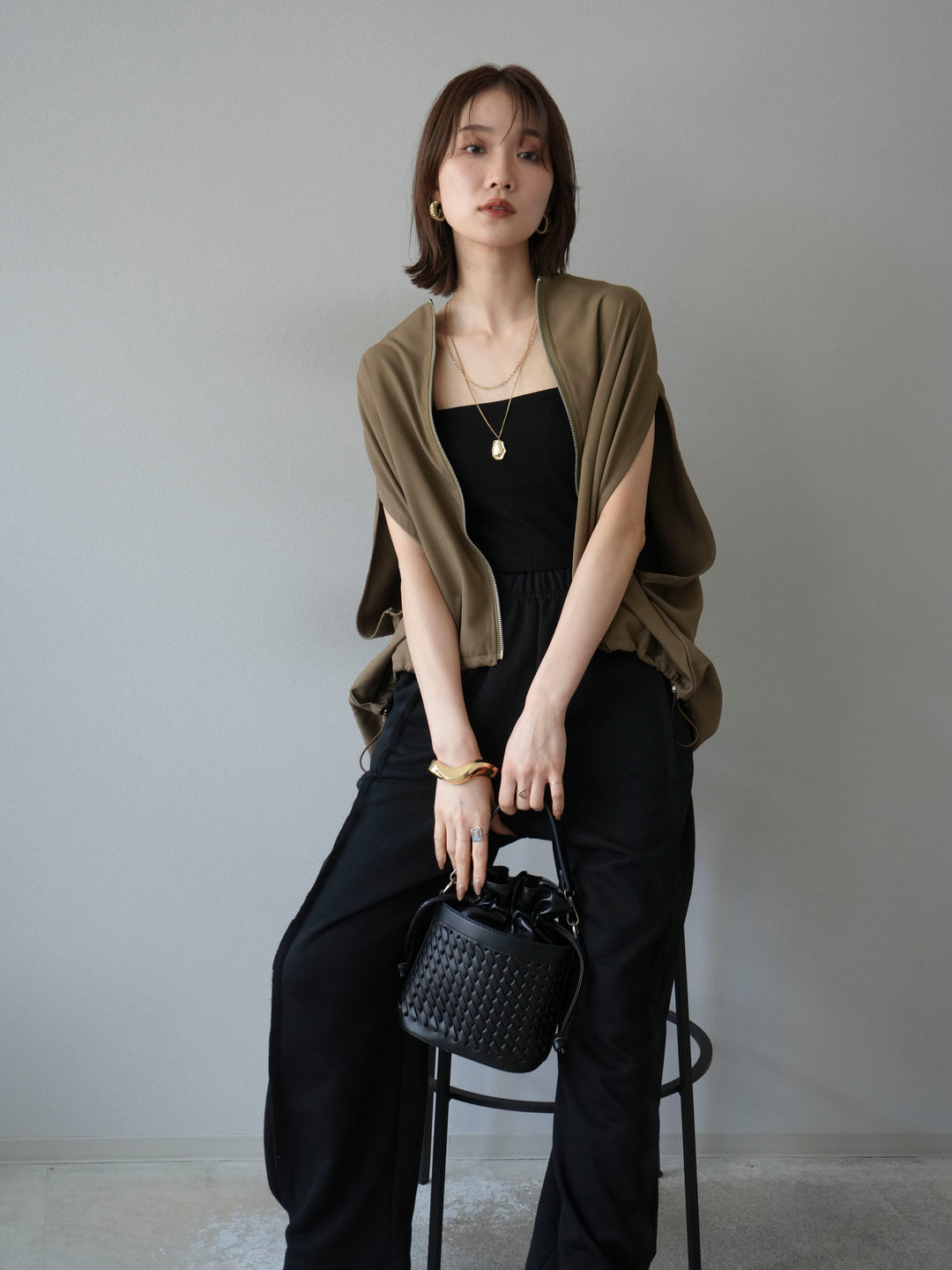 [予約]スリーブレスドロストZIPブルゾン/ブラウン