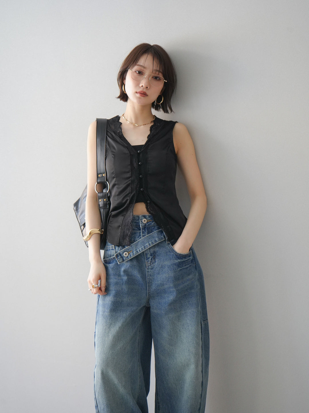 [予約]ノースリサテンレースキャミソール/black