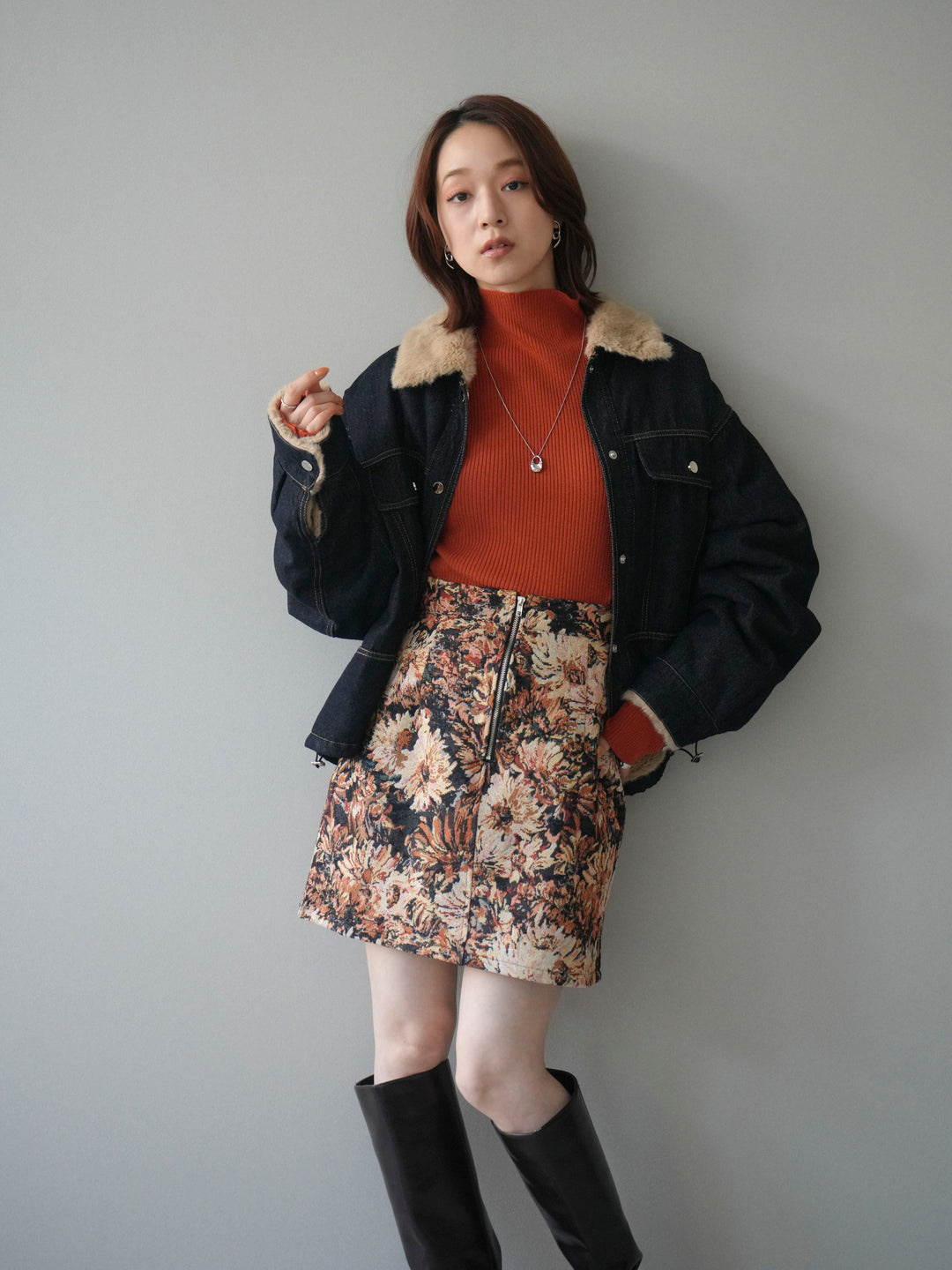 [予約]デニム×ファーステンカラーショートジャケット/indigo