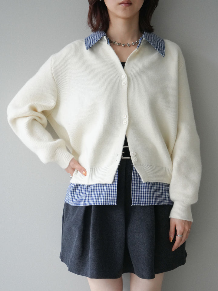 [SET]チェックシャツ襟ニットカーディガン+ベルト付きタックミニスカート(2set)