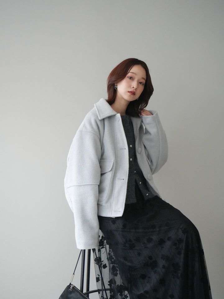 [SET]ウールライクフライトジャケット+アンティークボタンニットカーディガン+フラワーフロッキーチュールプリーツスカート(3set)