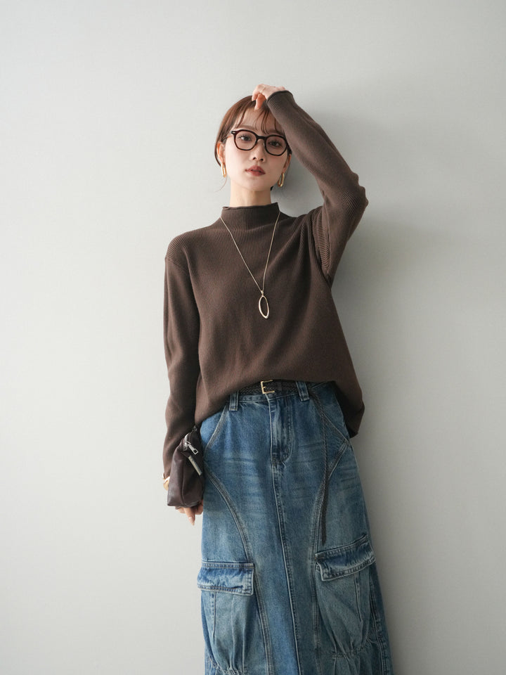 [予約]ボトルネック裾カールリブニットトップス/brown