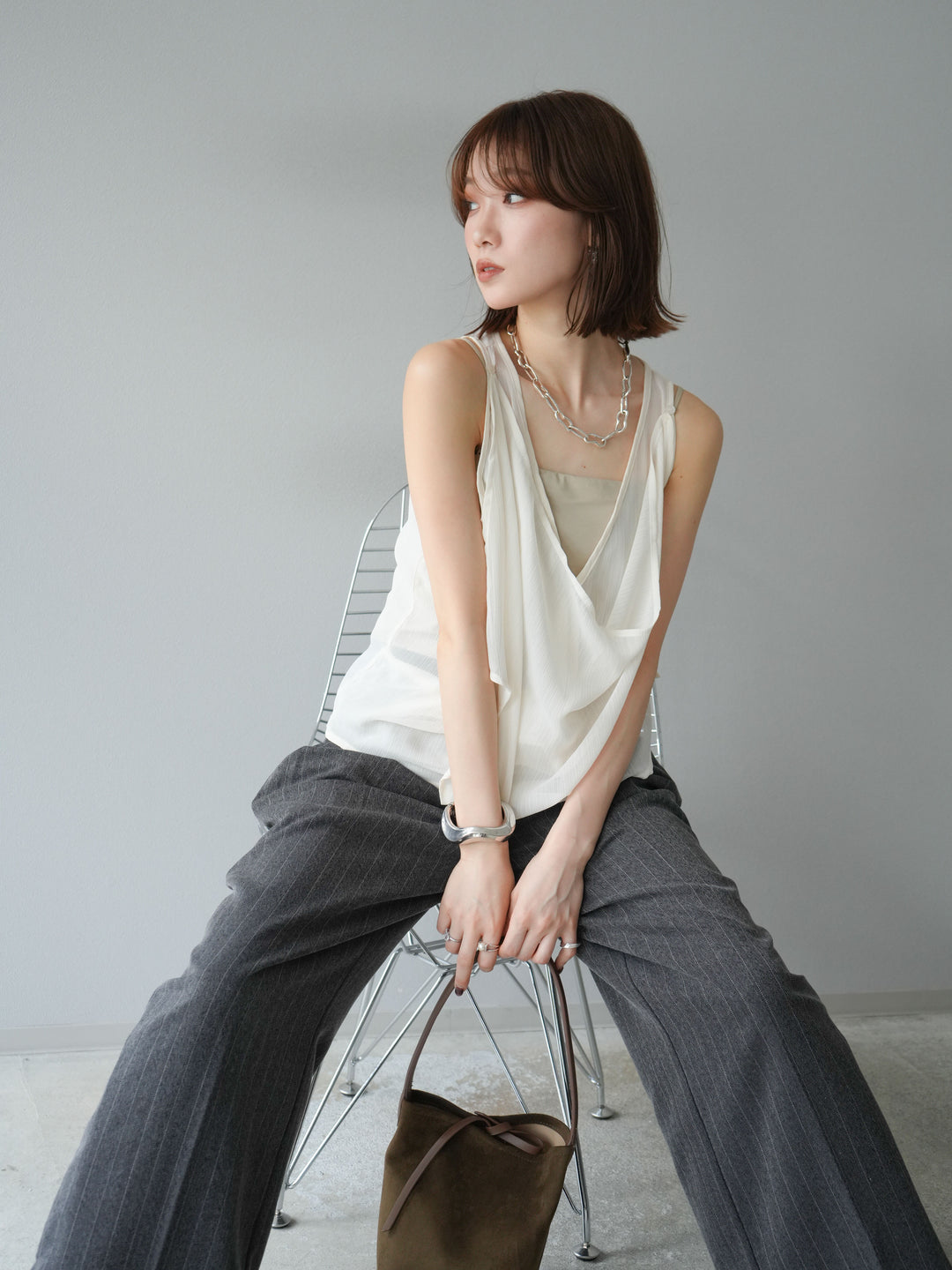 [予約]シアードレープレイヤードノースリーブトップス/ホワイト