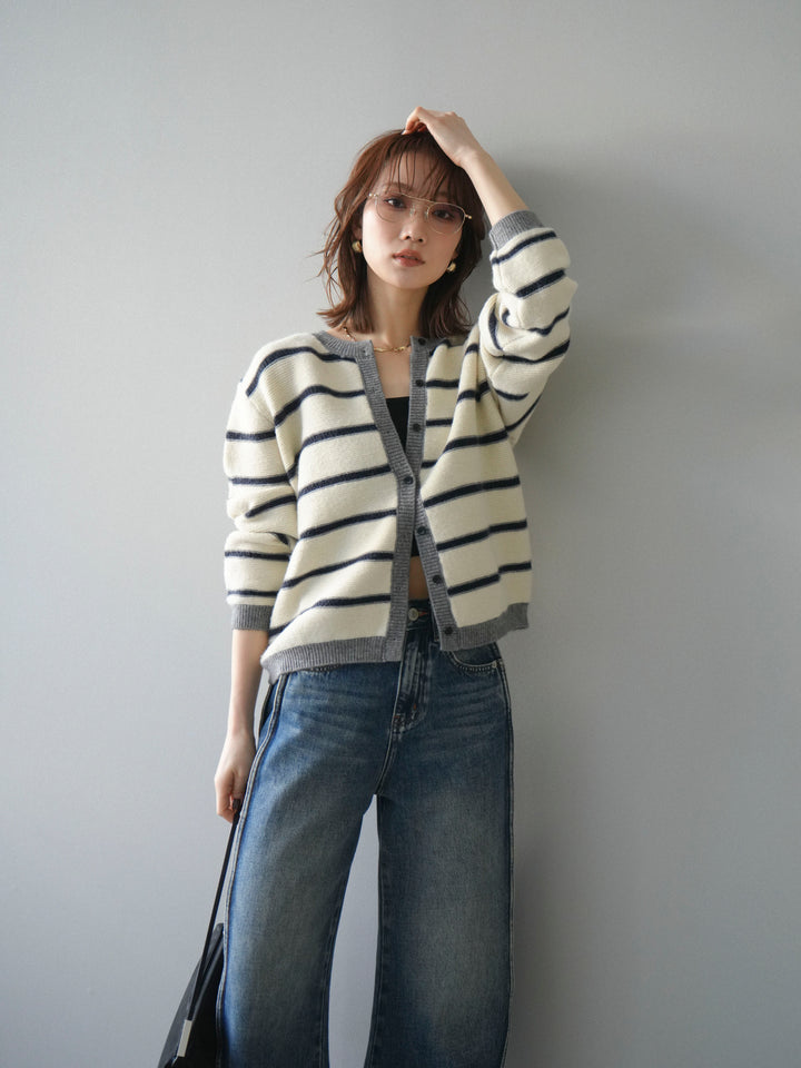 [予約]配色ボーダーニットカーディガン/apricot