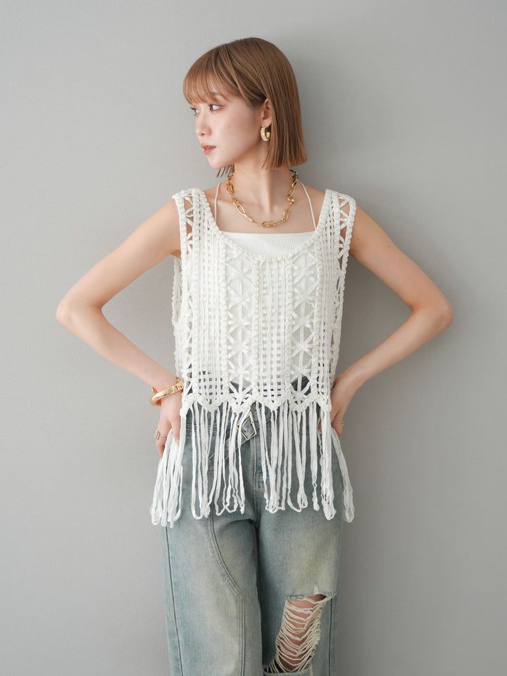 [予約]クロシェフリンジノースリーブトップス/アイボリー