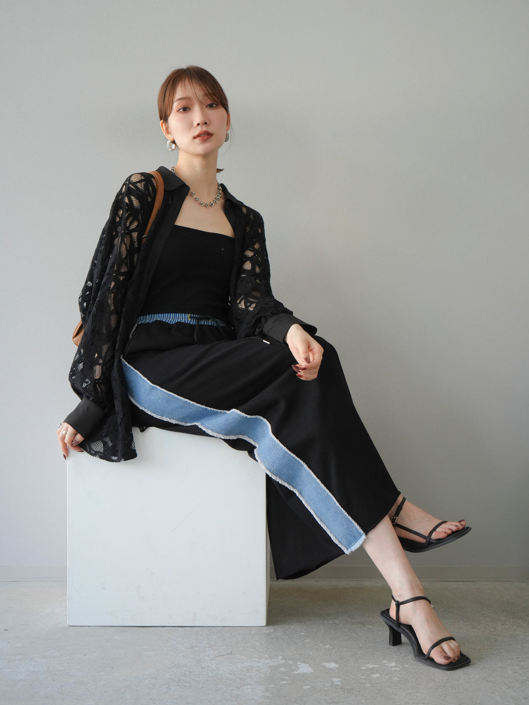 [SET]コードレースオーバーシャツ+デニムドッキングスウェットスカート(2set)