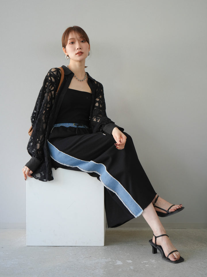 [SET]コードレースオーバーシャツ+デニムドッキングスウェットスカート(2set)