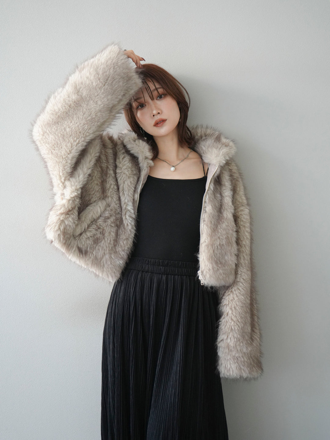 [予約]フェイクファーショートZIPジャケット/beigemix