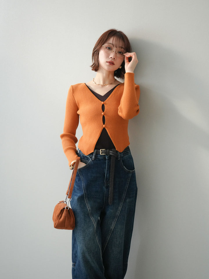 [予約]Vネック配色レイヤードスリットニットトップス/orange