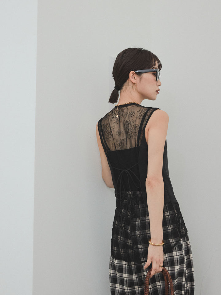[預購] 緞面 x 蕾絲背心/黑色