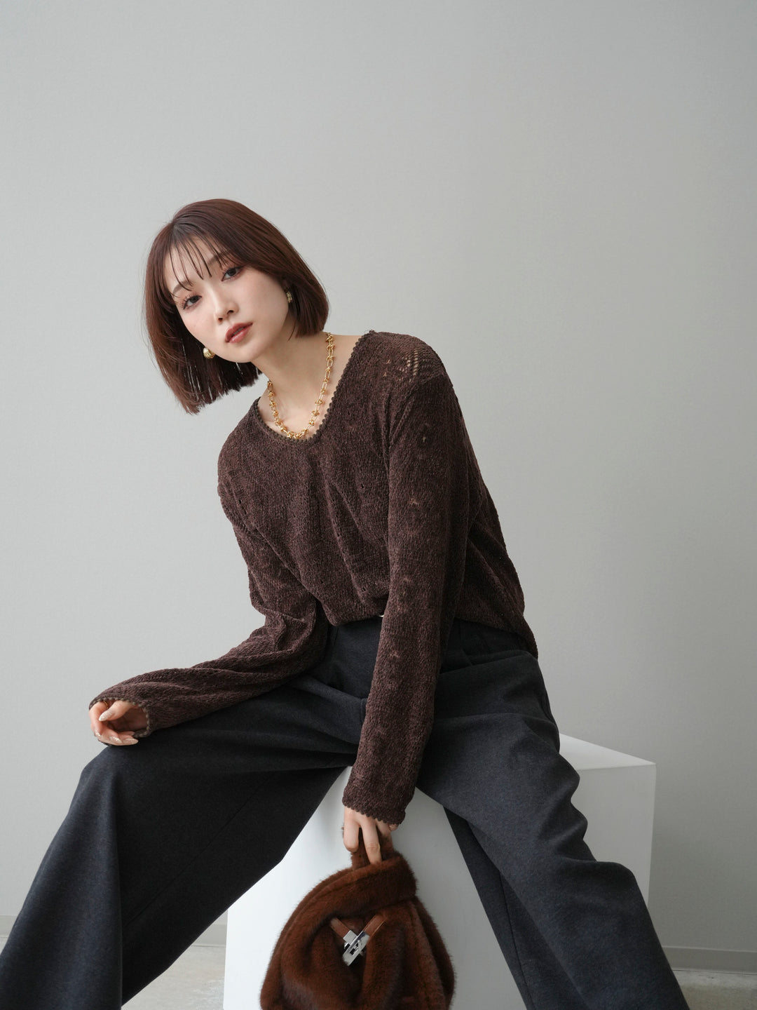 [予約]モール透かし編みニットトップス/brown