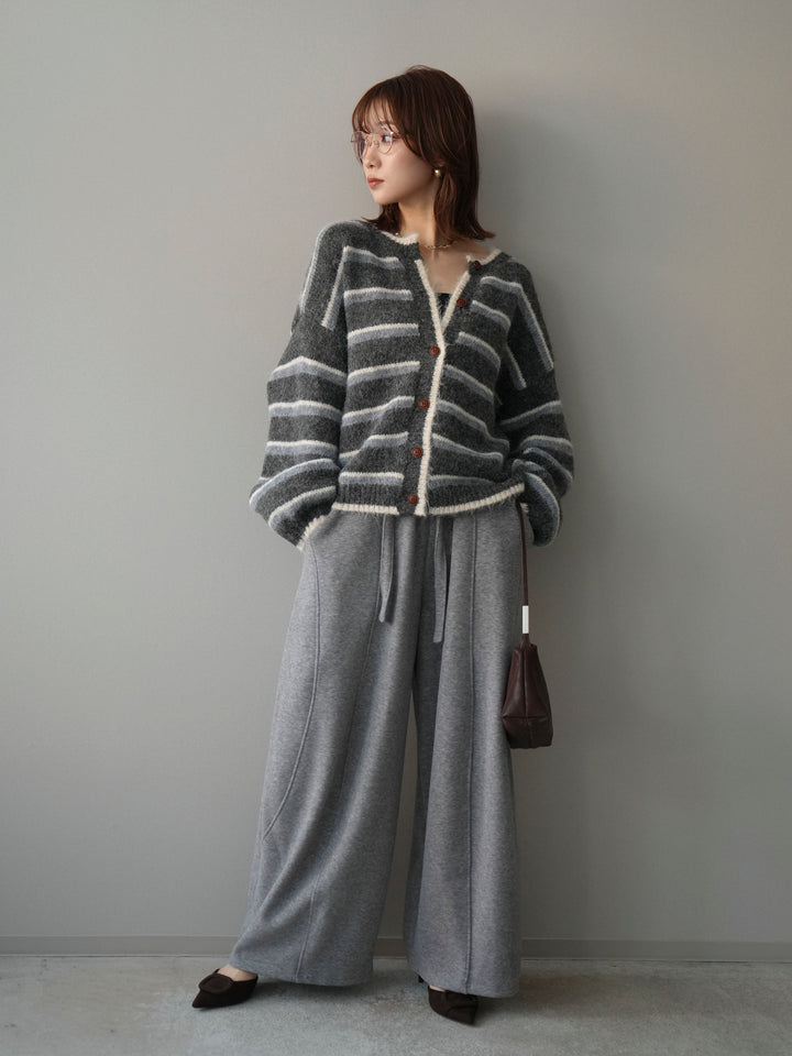 [SET]ウールタッチ配色ボーダーニットカーディガン+ウエストベルトカーブラインスエットパンツ(2set)