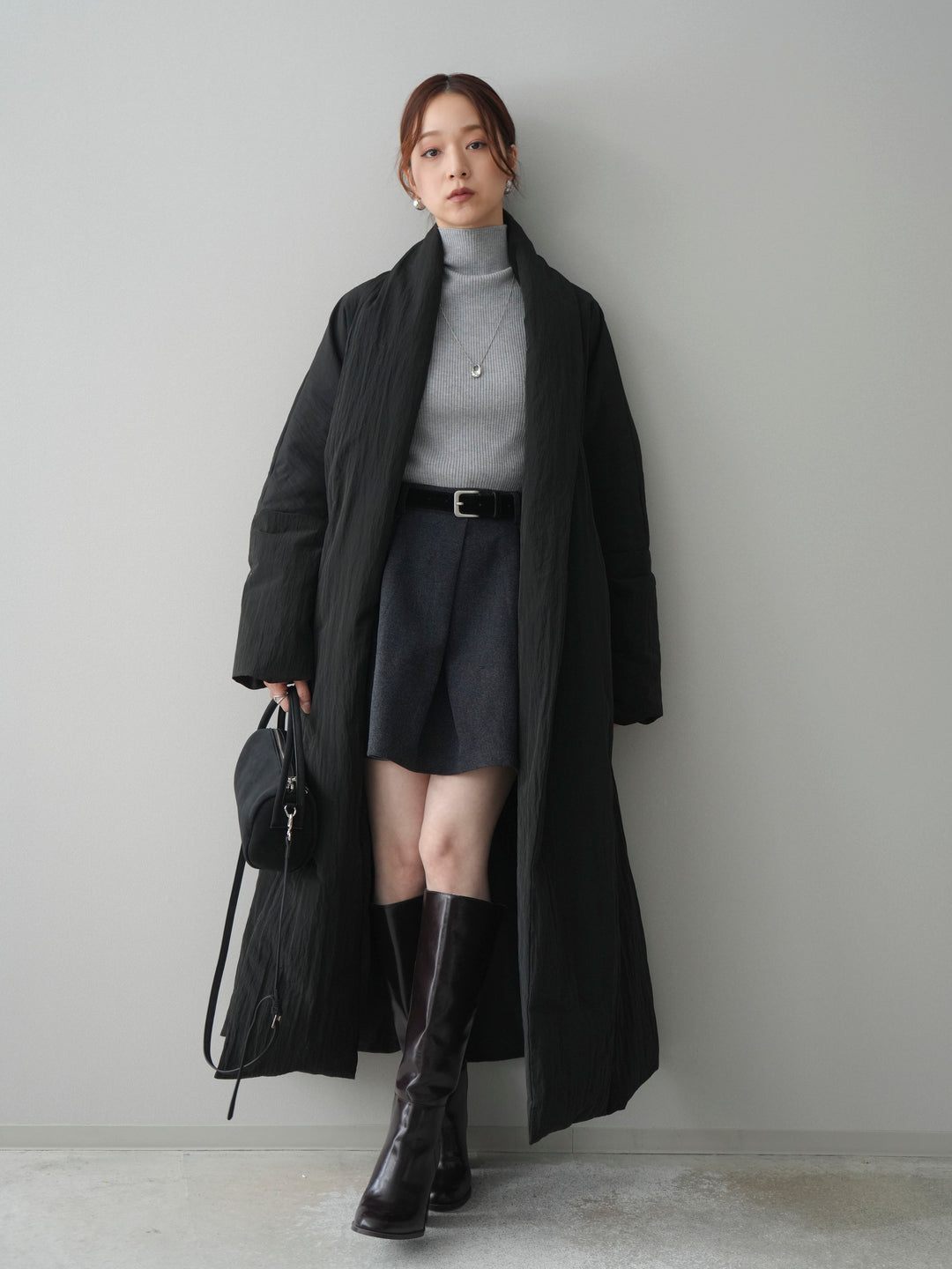 [SET]ロングダウンコート+ベルト付きタックミニスカート(2set)
