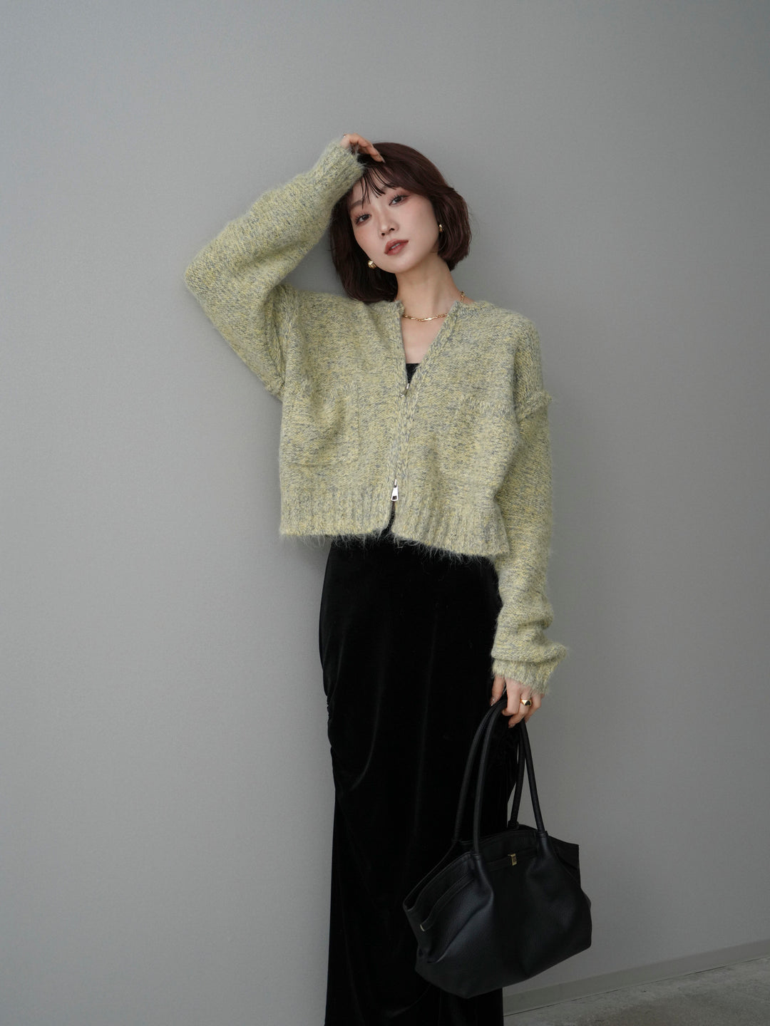 [SET]ミックスヤーンダブルZIPニットカーディガン+ギャザーベロアスカート(2set)