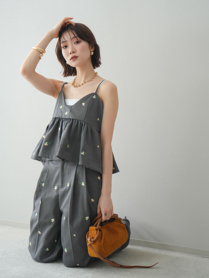 [SET]フラワー刺繍ビスチェ+フラワー刺繍タックパンツ(2set)