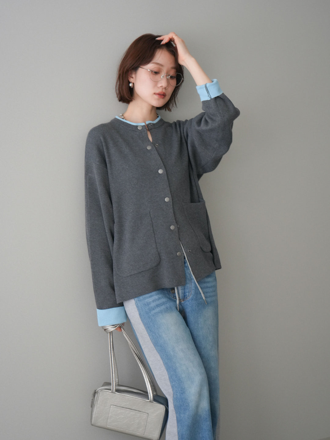 [SET]バイカラーオーバーニットカーディガン+デニム切替スウェットパンツ(2set)