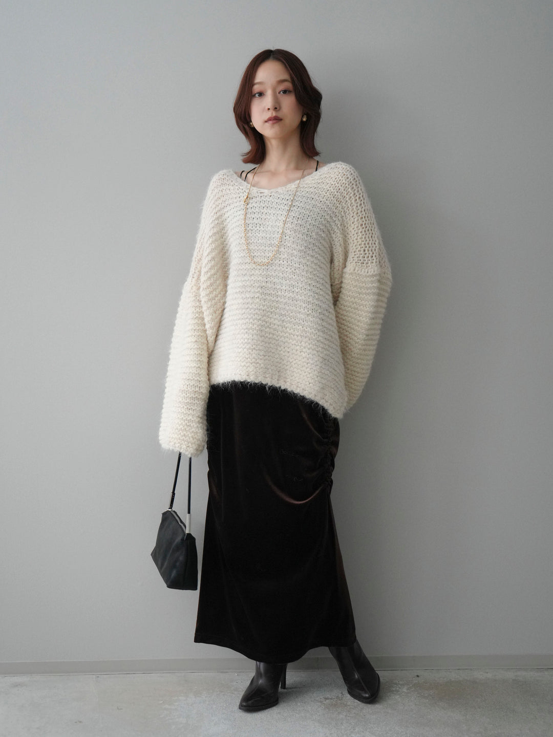 [SET]ワッフル編みシャギーニットプルオーバー+ギャザーベロアスカート(2set)