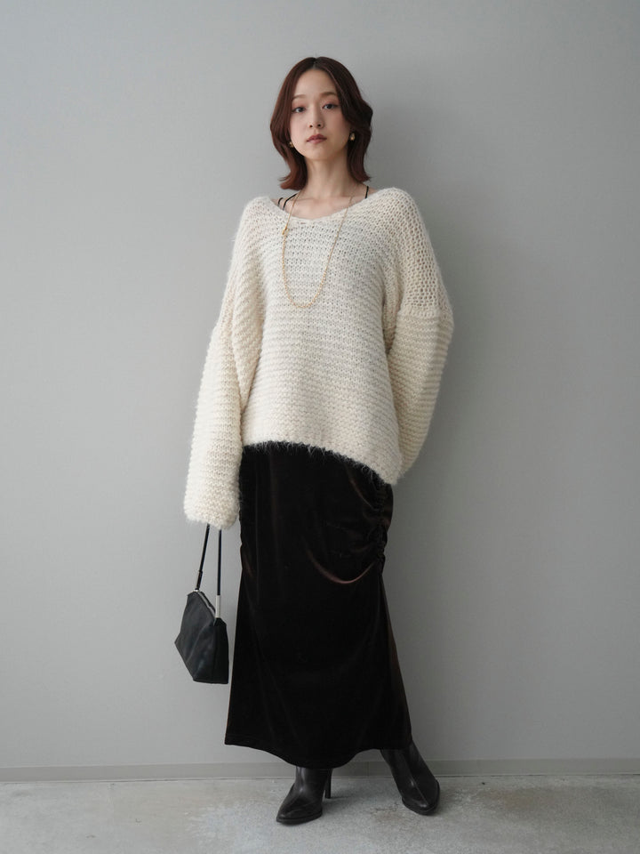 [SET]ワッフル編みシャギーニットプルオーバー+ギャザーベロアスカート(2set)