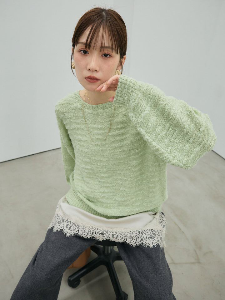 【Allure】[SET]バックリボンニュアンスブークレニットプルオーバー+サテンレースキャミソール(2set)