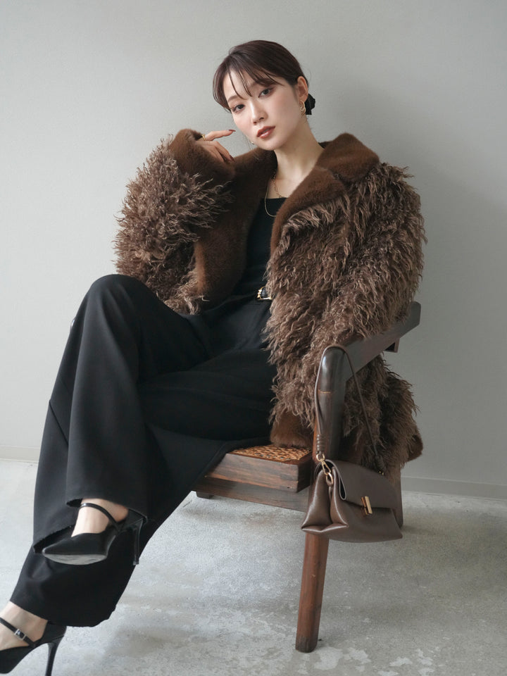 [予約]異素材ファー×ムートンコート/brown
