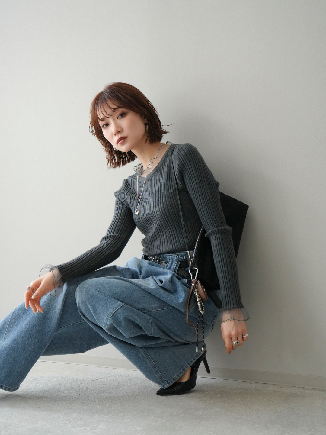 [SET]チュールドッキングリブニットトップス+ハイウエストベルトループデザインデニムパンツ(2set)