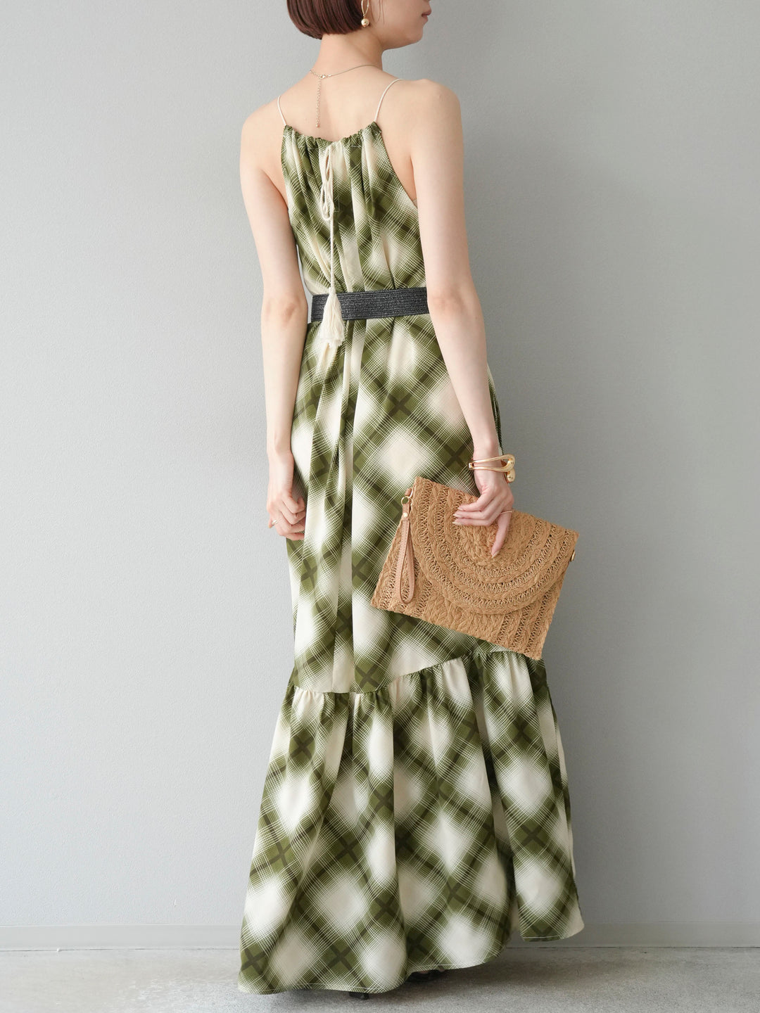 [予約]ベルト付チェックノースリーブワンピース/グリーン