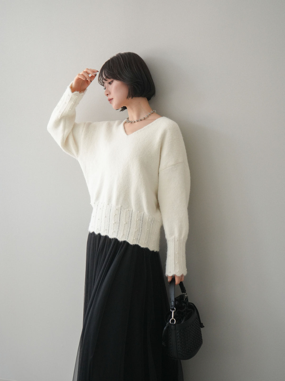 [SET]パールフリルリブヘムニットプルオーバー+チュールボリュームスカート(2set)