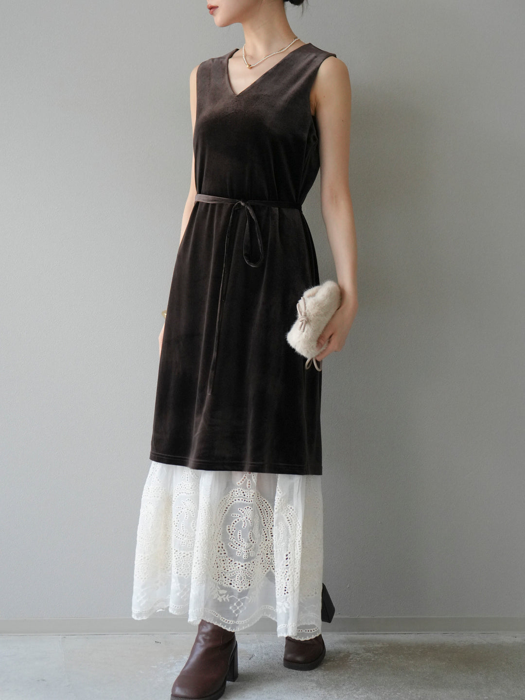 [予約]裾コットンレースベロアワンピース/ブラウン