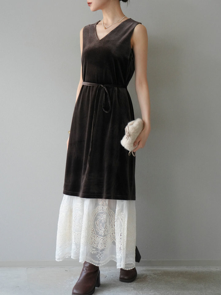 [予約]裾コットンレースベロアワンピース/ブラウン