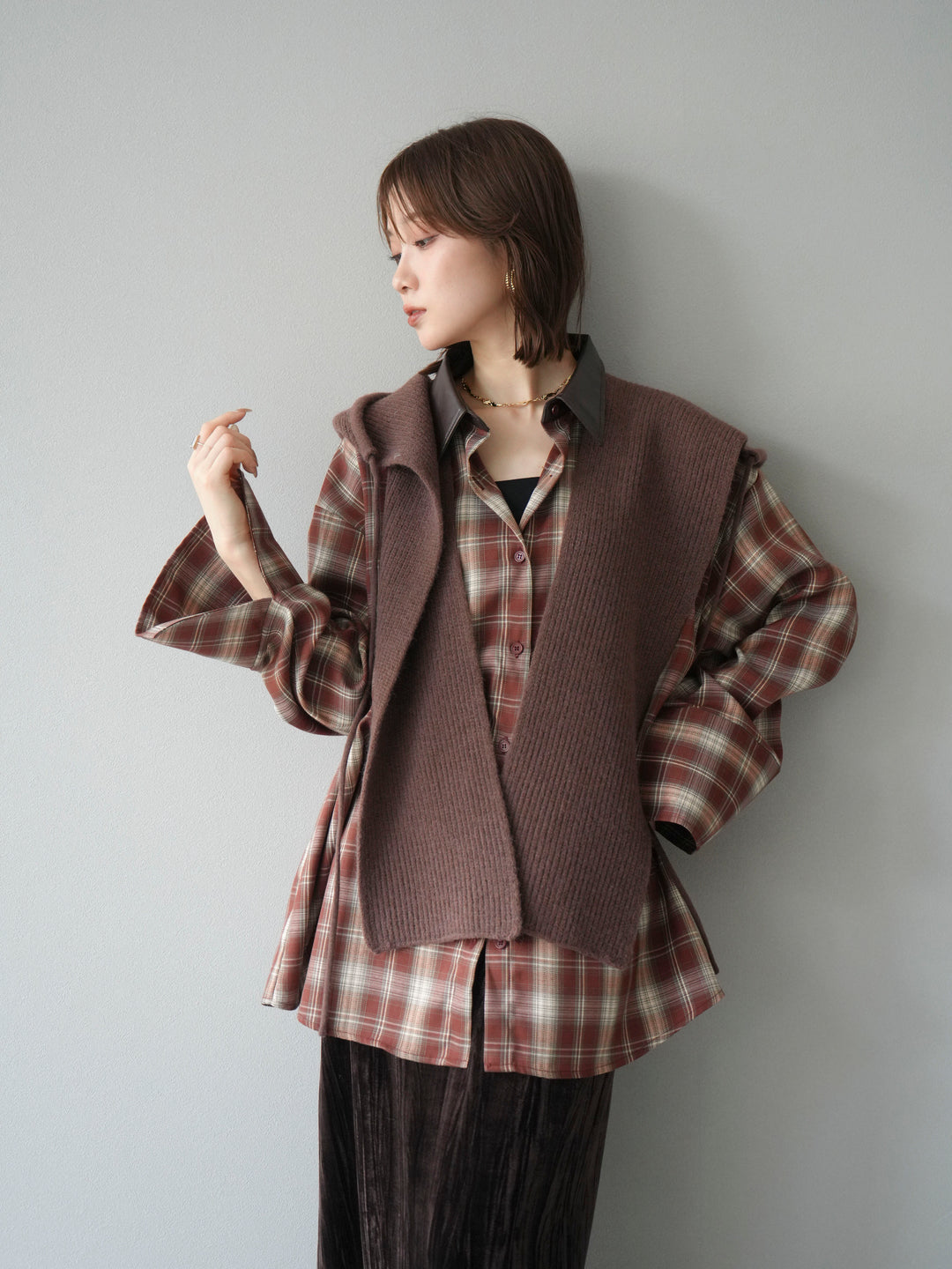 [予約]レザー襟オンブレチェックオーバーシャツ /レッド