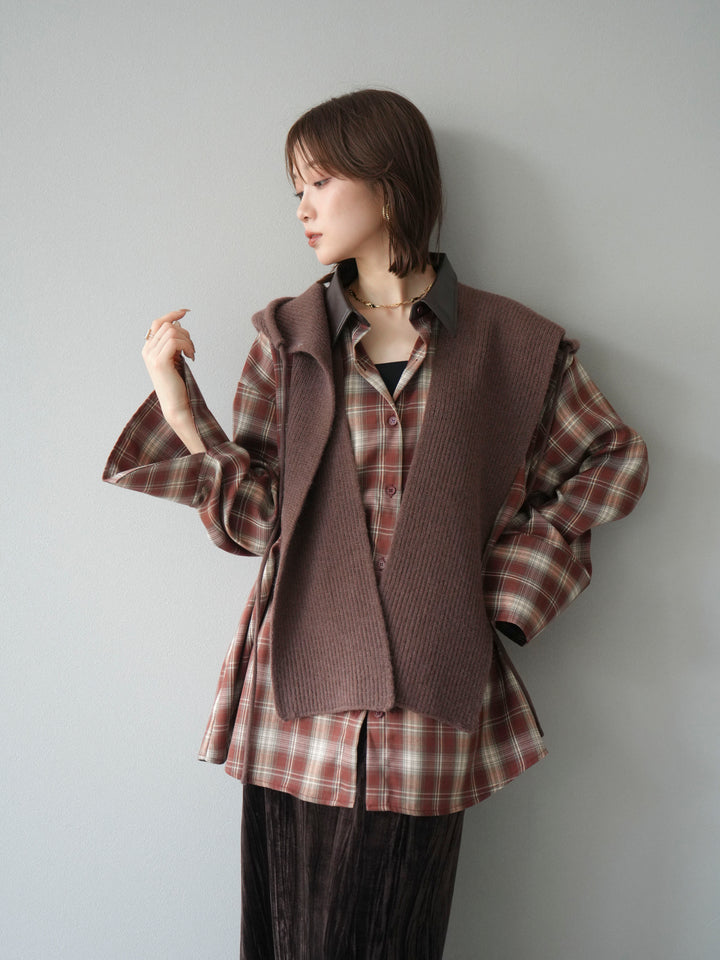 [予約]レザー襟オンブレチェックオーバーシャツ /レッド