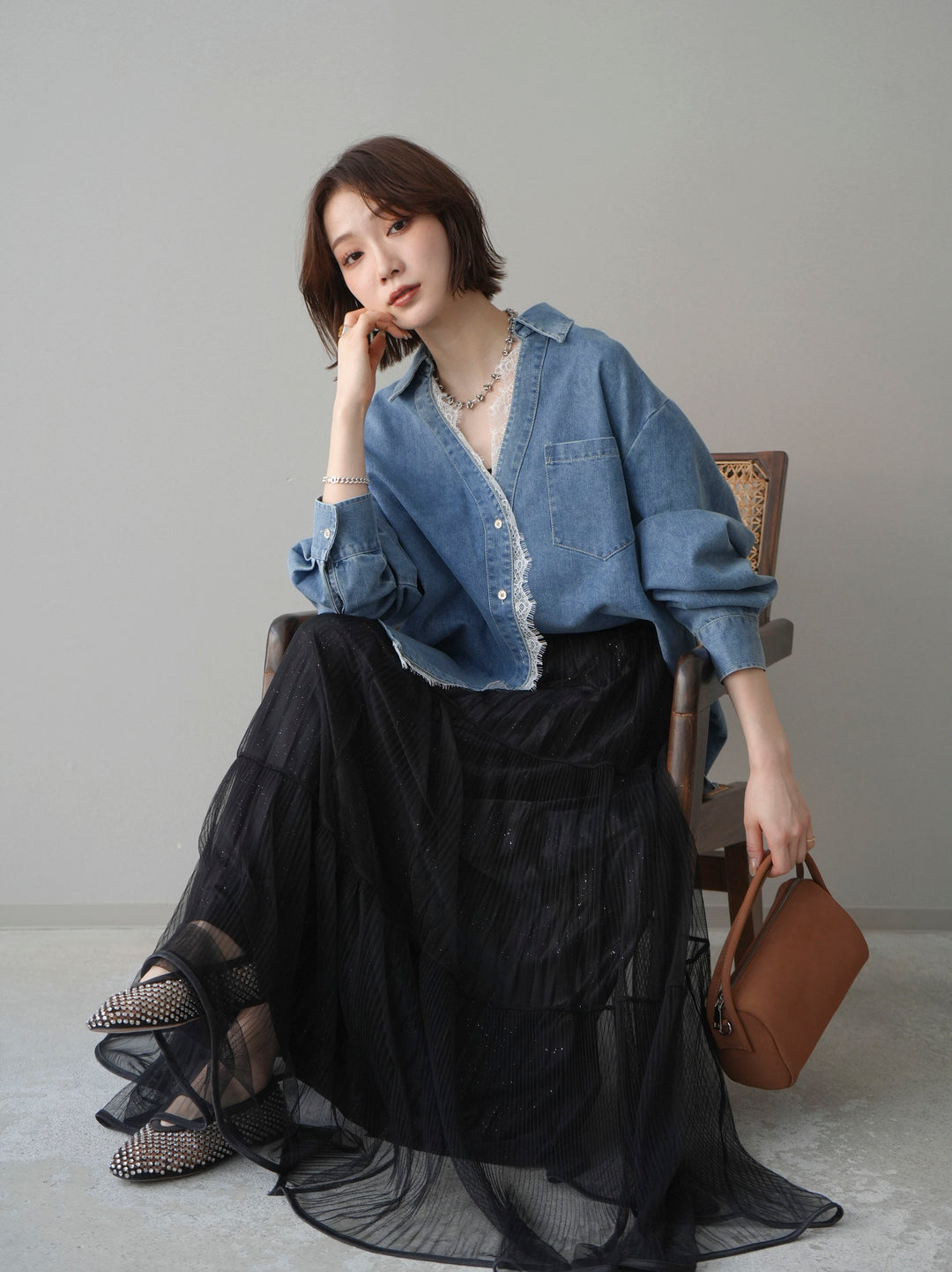 [SET]レースレイヤードデニム開襟シャツ+選べるアクセセット(2set)