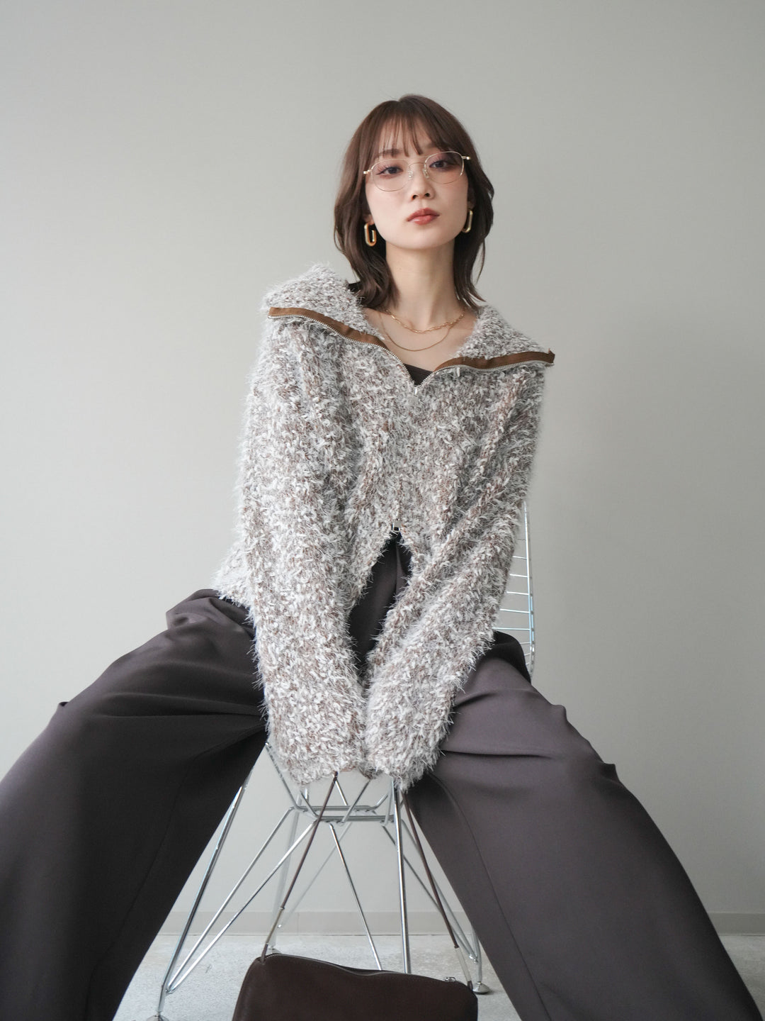 [予約]ミックスシャギージップニットカーディガン/brown