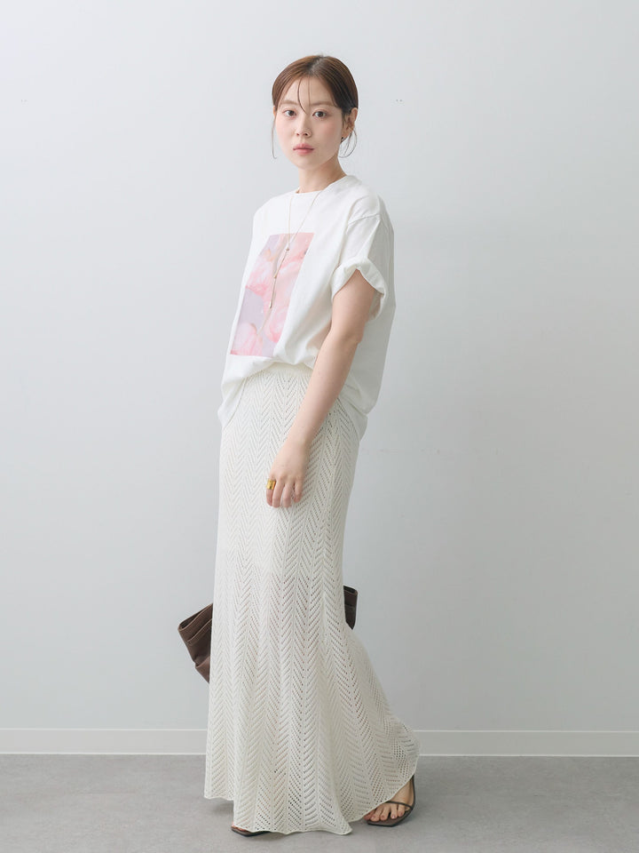 [SET]ニュアンスフローラルフォトTEE+クロシェシアーセミフレアスカート(2set)