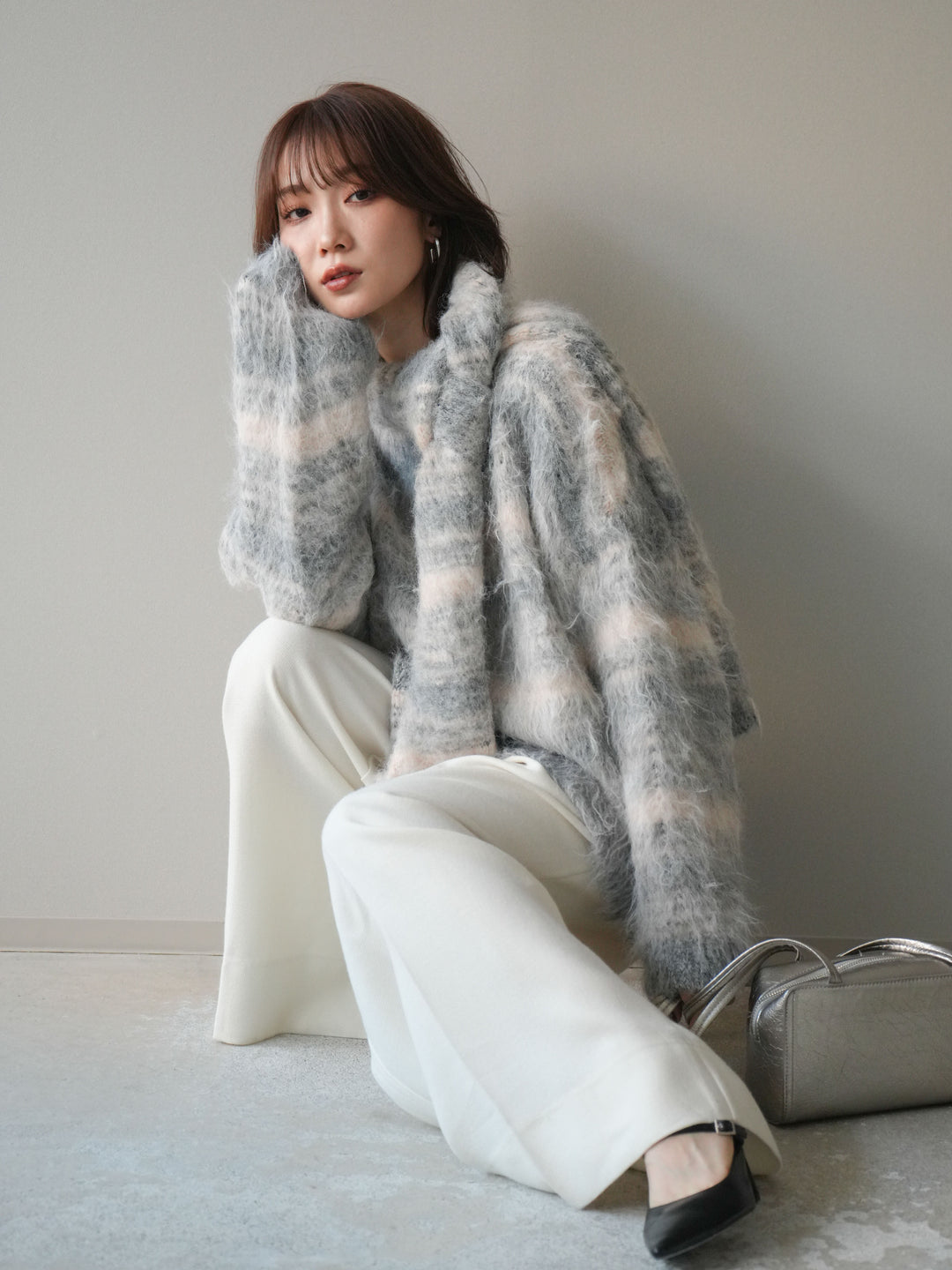 [予約]ストール付シャギーマルチボーダーニットプルオーバー/gray