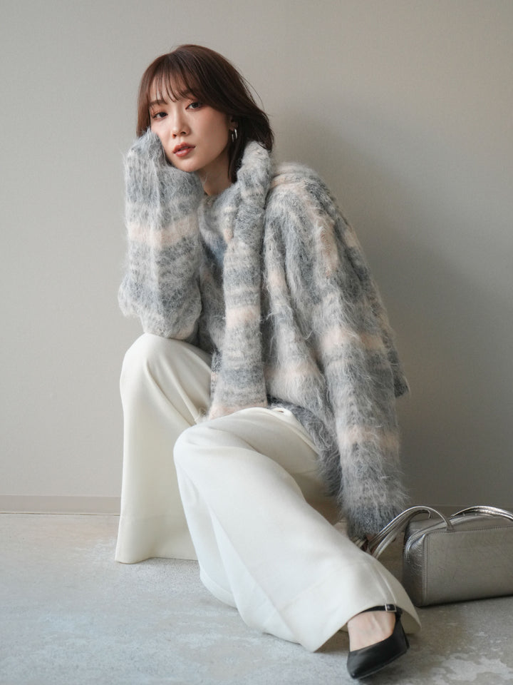 [予約]ストール付シャギーマルチボーダーニットプルオーバー/gray