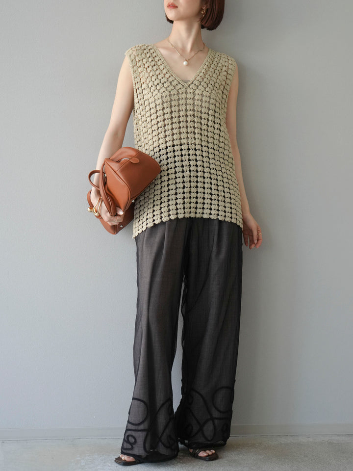 [予約]レースアップクロシェ編みニットベスト/ベージュ