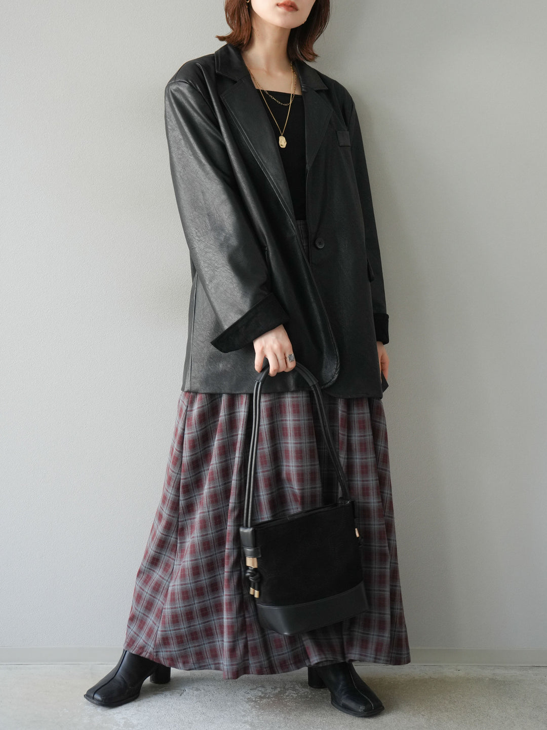 [予約]フェイクレザーテーラードジャケット/ブラック