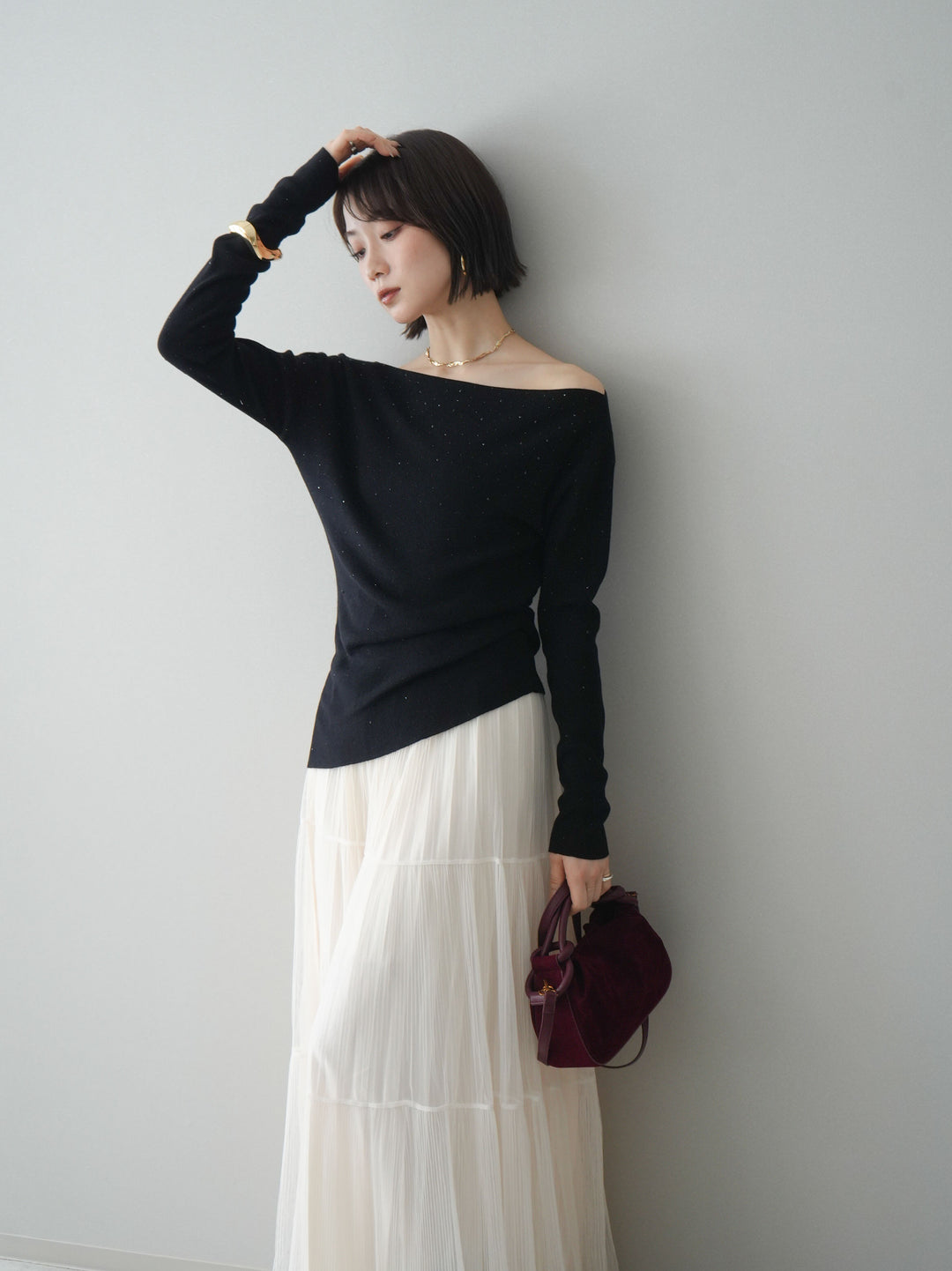 [予約]ラインストーンアシンメトリーニットトップス/black