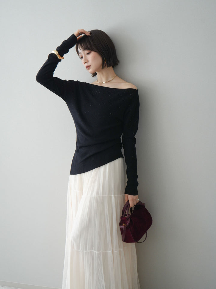[予約]ラインストーンアシンメトリーニットトップス/black