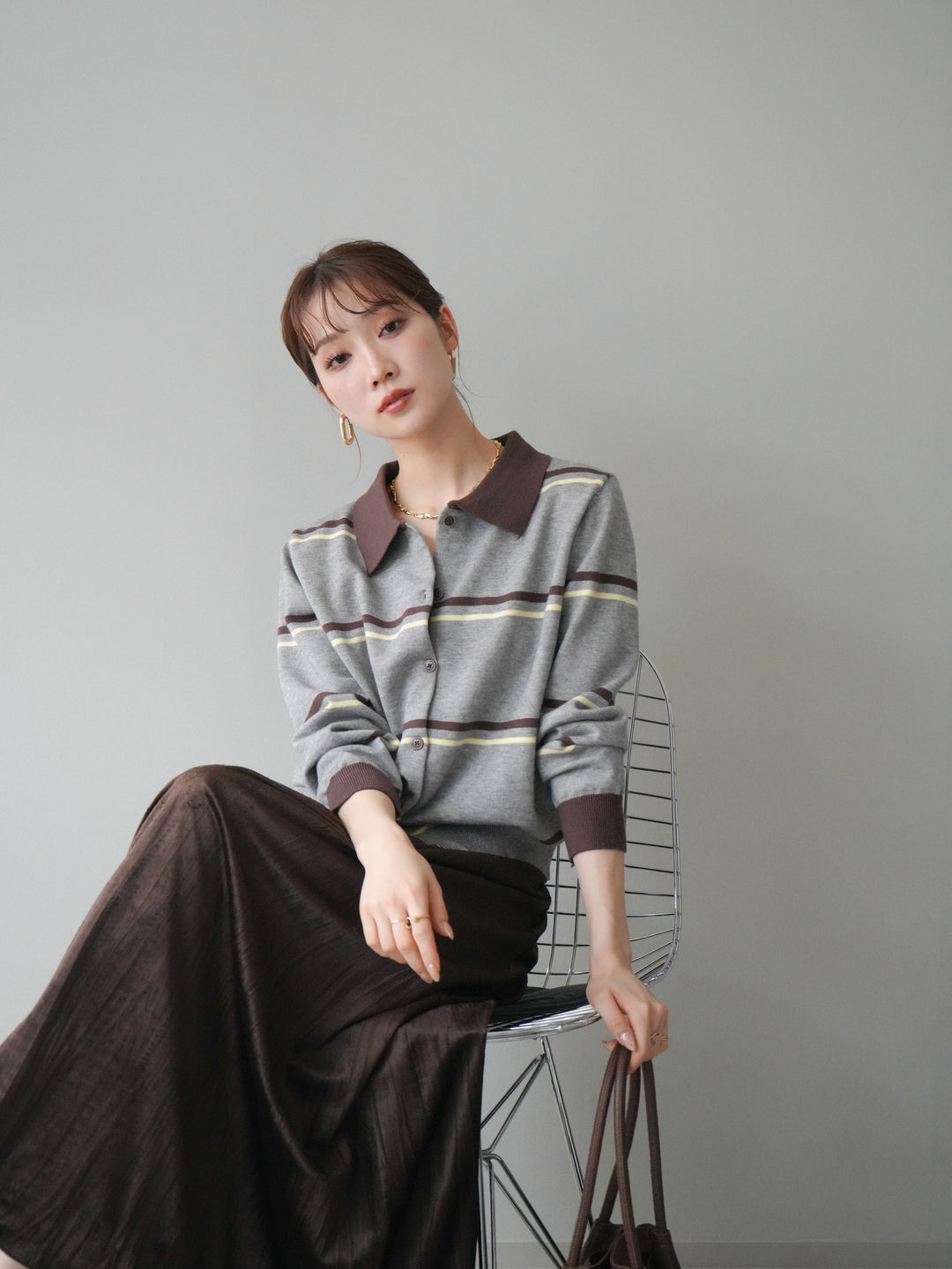[予約]配色マルチボーダーポロニットカーディガン/gray