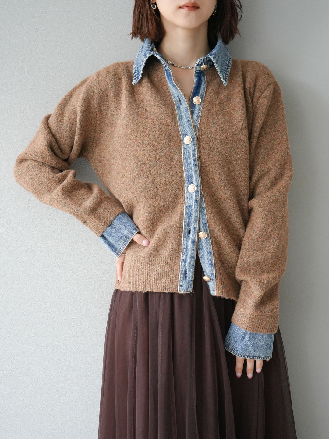 [SET]デニム襟ボタンニットカーディガン+チュールボリュームスカート(2set)