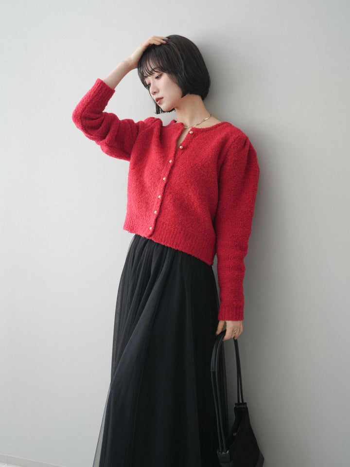 [SET]ゴールドボタンブークレニットカーディガン+チュールボリュームスカート(2set)