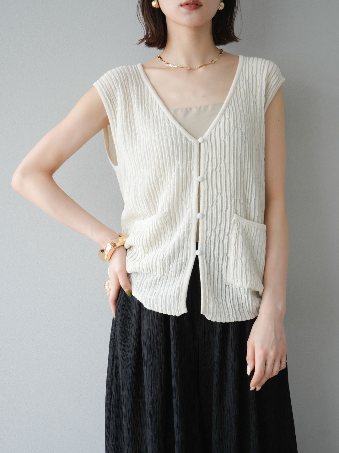 【預購】波浪夏季針織背心/米白色