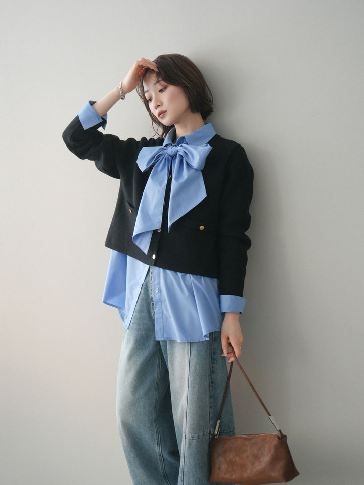 [予約]ゴールドボタンノーカラーニットジャケット/black